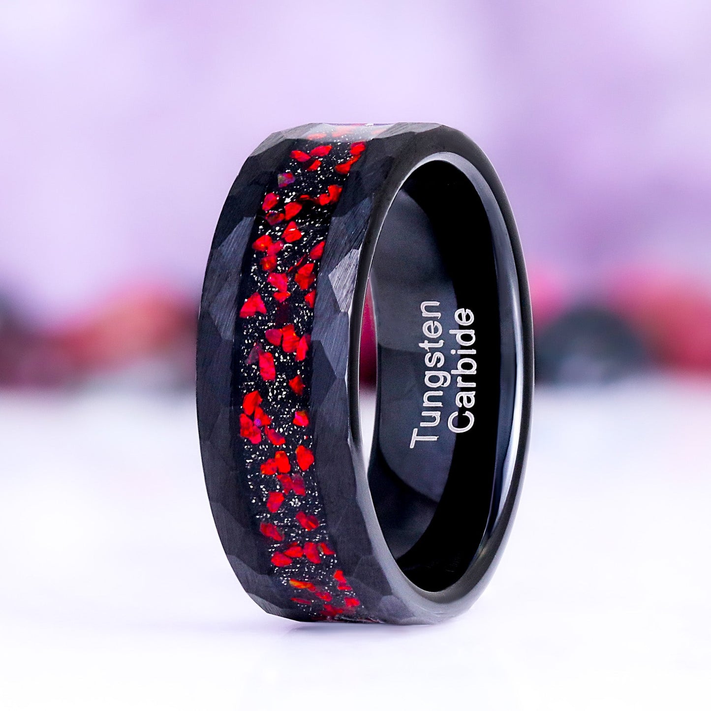 Galaxy Red Fire Opal Hammered Tungsten Couples Ring