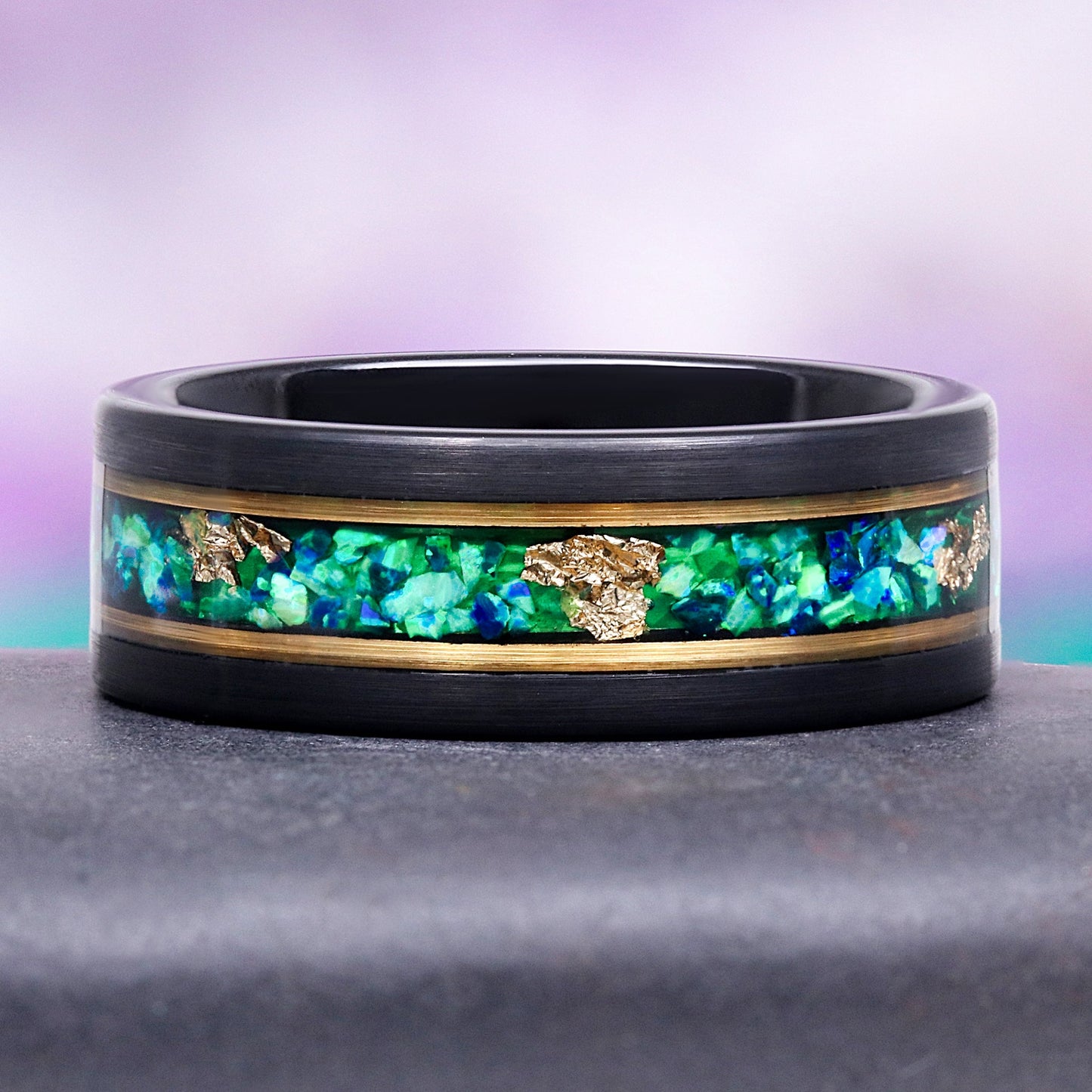 Green Moss Agate & Fire Opal & Gold Leaf Couples Ring Set