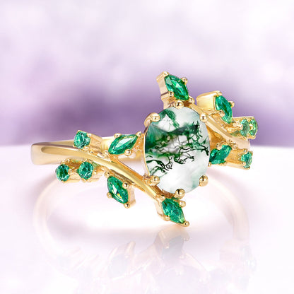 Green Moss Agate & Fire Opal & Gold Leaf Couples Ring Set