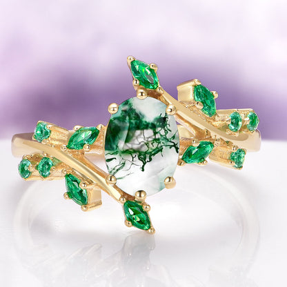 Green Moss Agate & Fire Opal & Gold Leaf Couples Ring Set