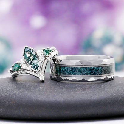 Hexagon Coffin Green Moss Agate Couples Ring Set