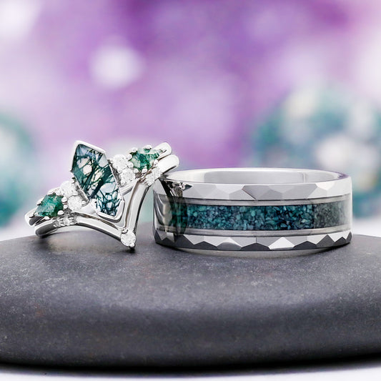 Hexagon Coffin Green Moss Agate Couples Ring Set