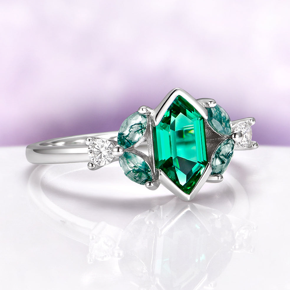 Hexagon Emerald & Moss Agate Couples Ring Set