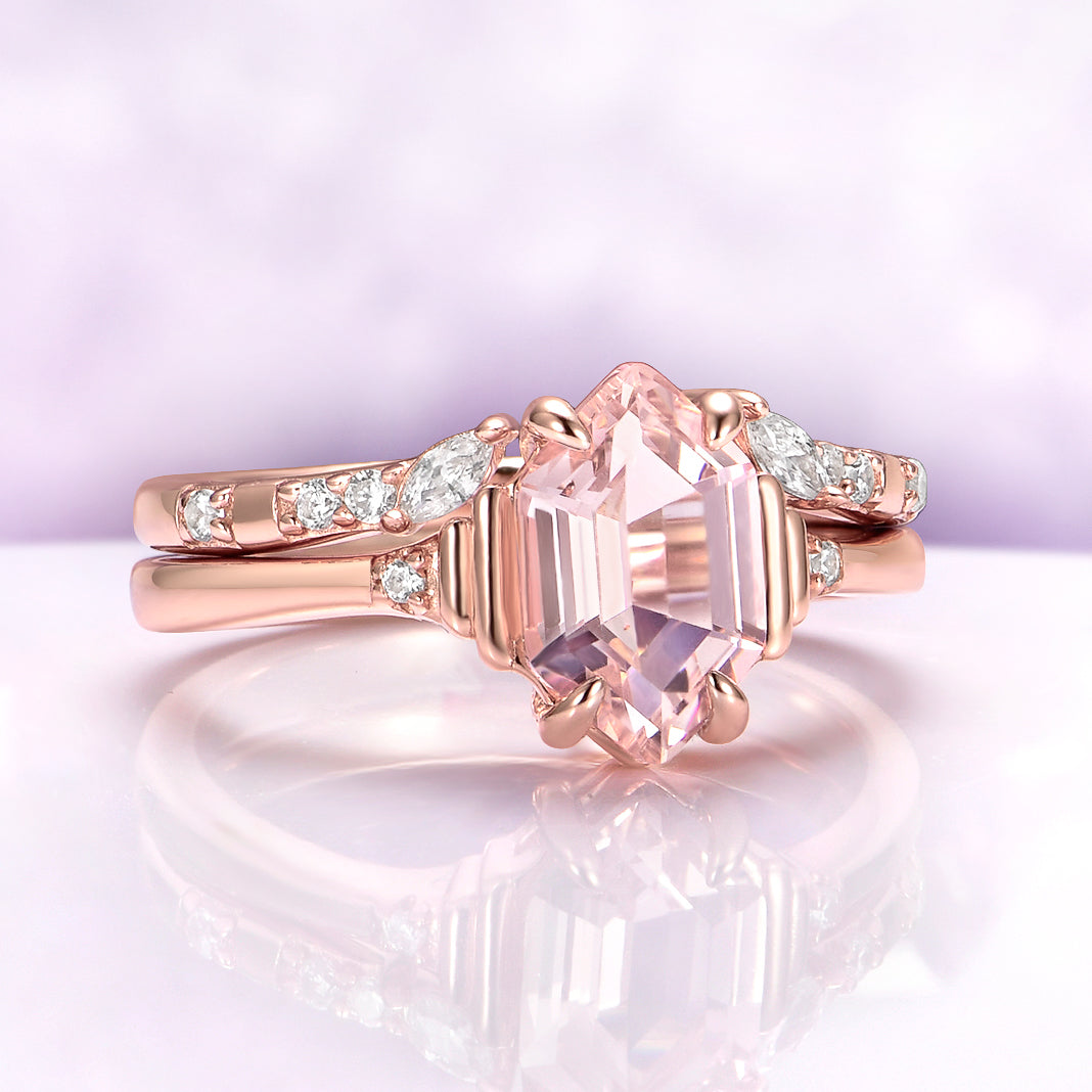 Hexagon Morganite Couples Ring Set