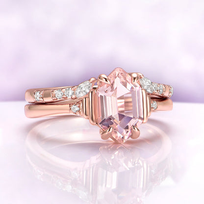 Hexagon Morganite Couples Ring Set
