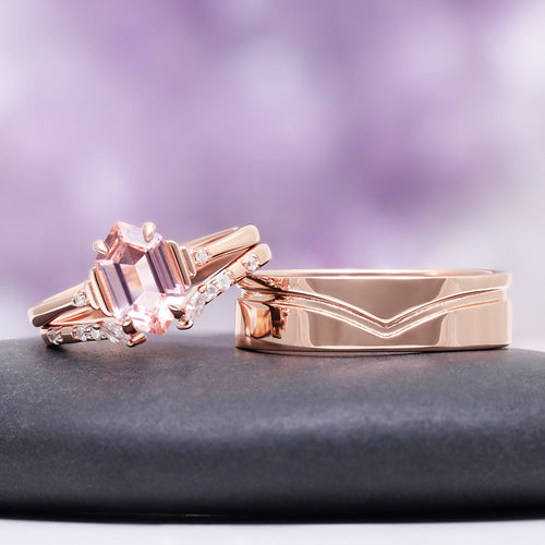 Hexagon Morganite Couples Ring Set