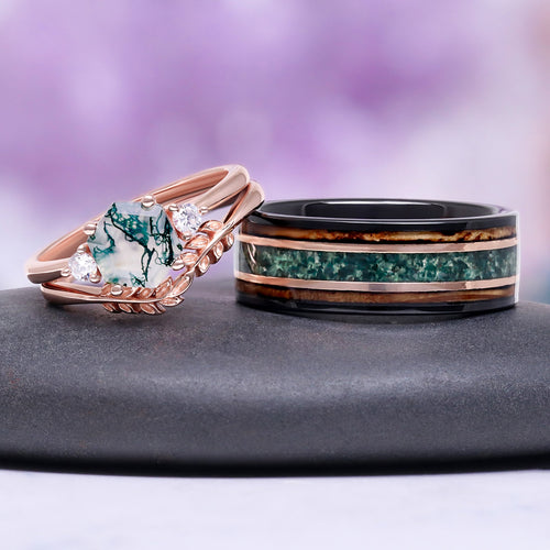 Hexagon Moss Agate & Whiskey Barrel Couples Rings Set