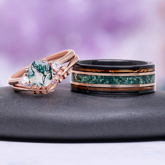 Hexagon Moss Agate & Whiskey Barrel Couples Rings Set