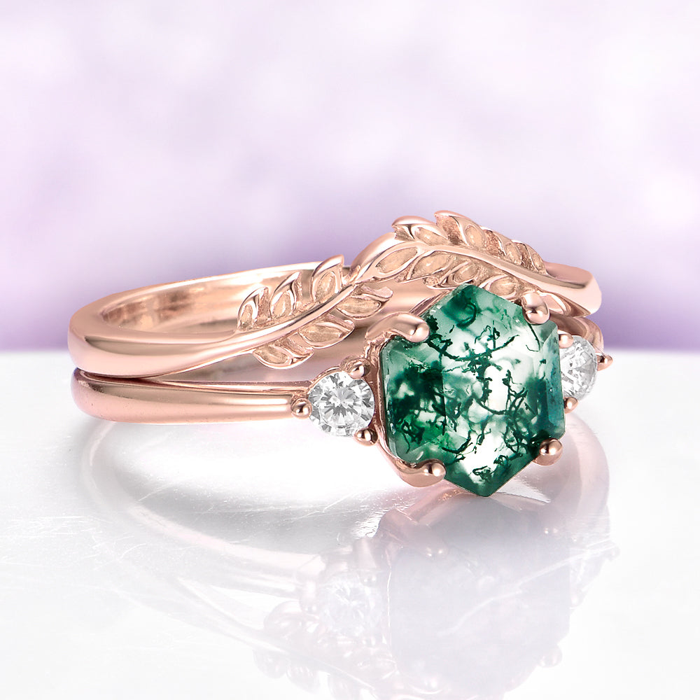 Hexagon Moss Agate & Whiskey Barrel Couples Rings Set