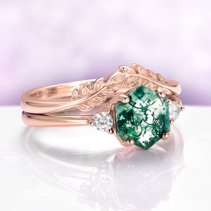 Hexagon Moss Agate & Whiskey Barrel Couples Rings Set
