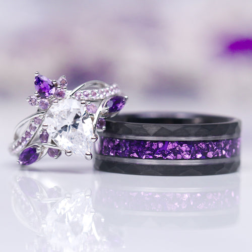 Feyra Amethyst & Simulated Diamond Couples Ring Set