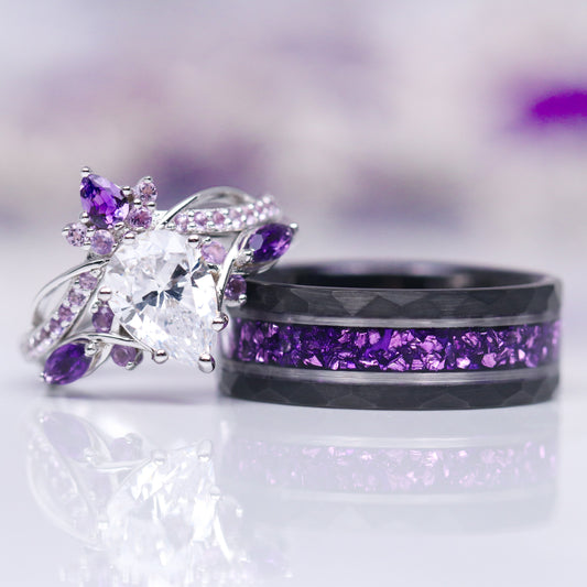 Feyra Amethyst & Simulated Diamond Couples Ring Set