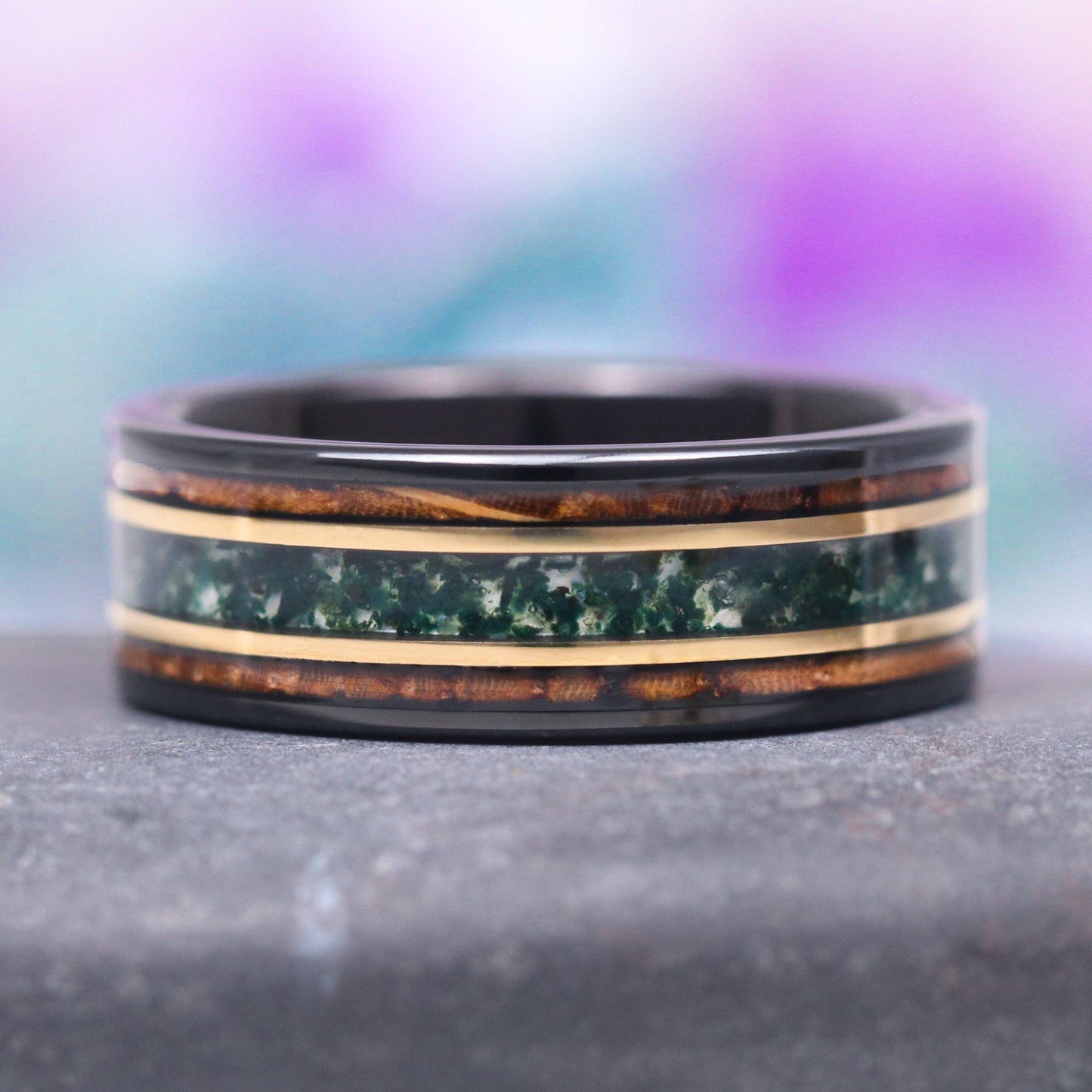 Skye Kite® Green Moss Agate & Whiskey Barrel Couples Ring Set