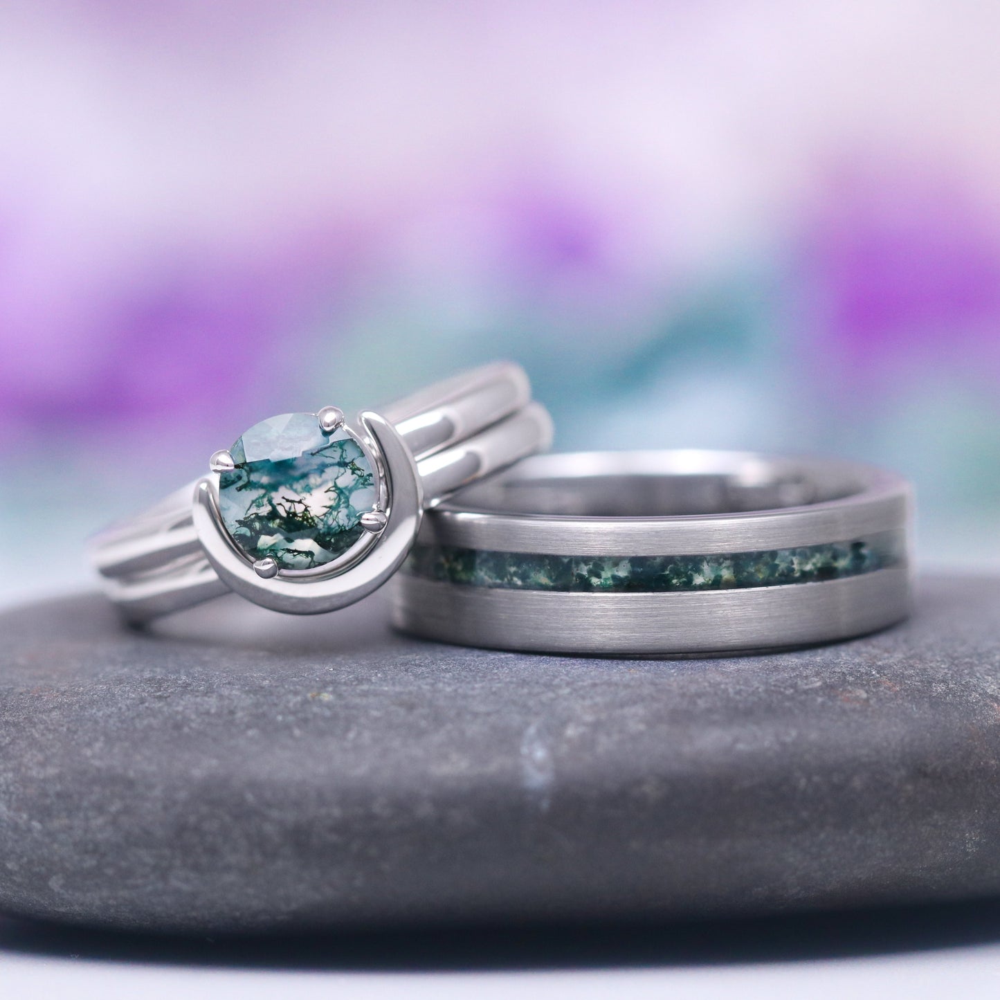 Green Moss Agate & Crescent Moon Couples Ring Set