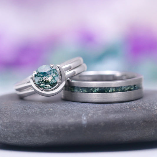 Green Moss Agate & Crescent Moon Couples Ring Set