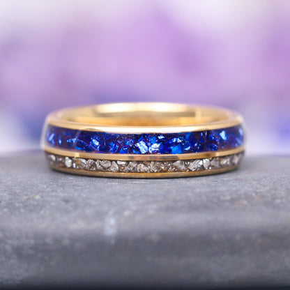 Blue Sapphire & Fantasy Shield Cut Diamond Couples Ring Set