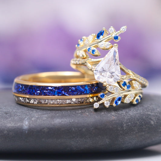 Blue Sapphire & Fantasy Shield Cut Diamond Couples Ring Set