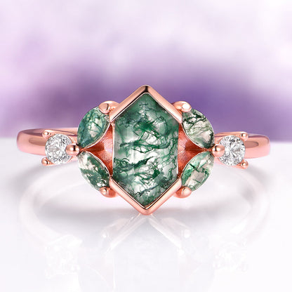 Hexagon Green Moss Agate Couples Ring Set