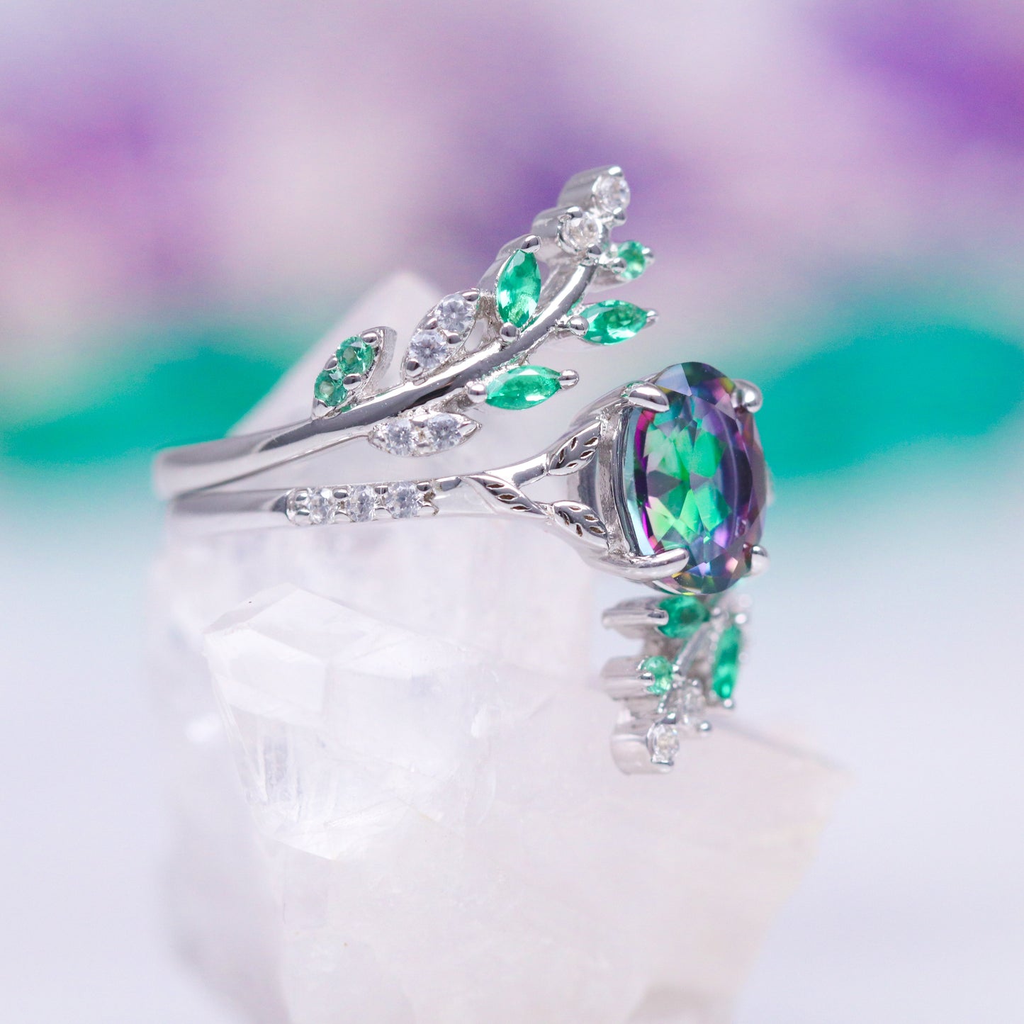 Mystic Topaz & Galaxy Opal Leaf Couples Ring Set