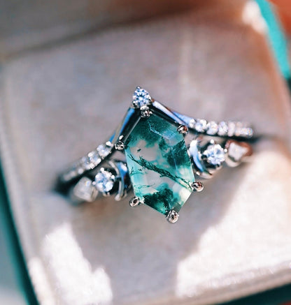 Elara Moss Agate Crescent Moon Couples Ring Set