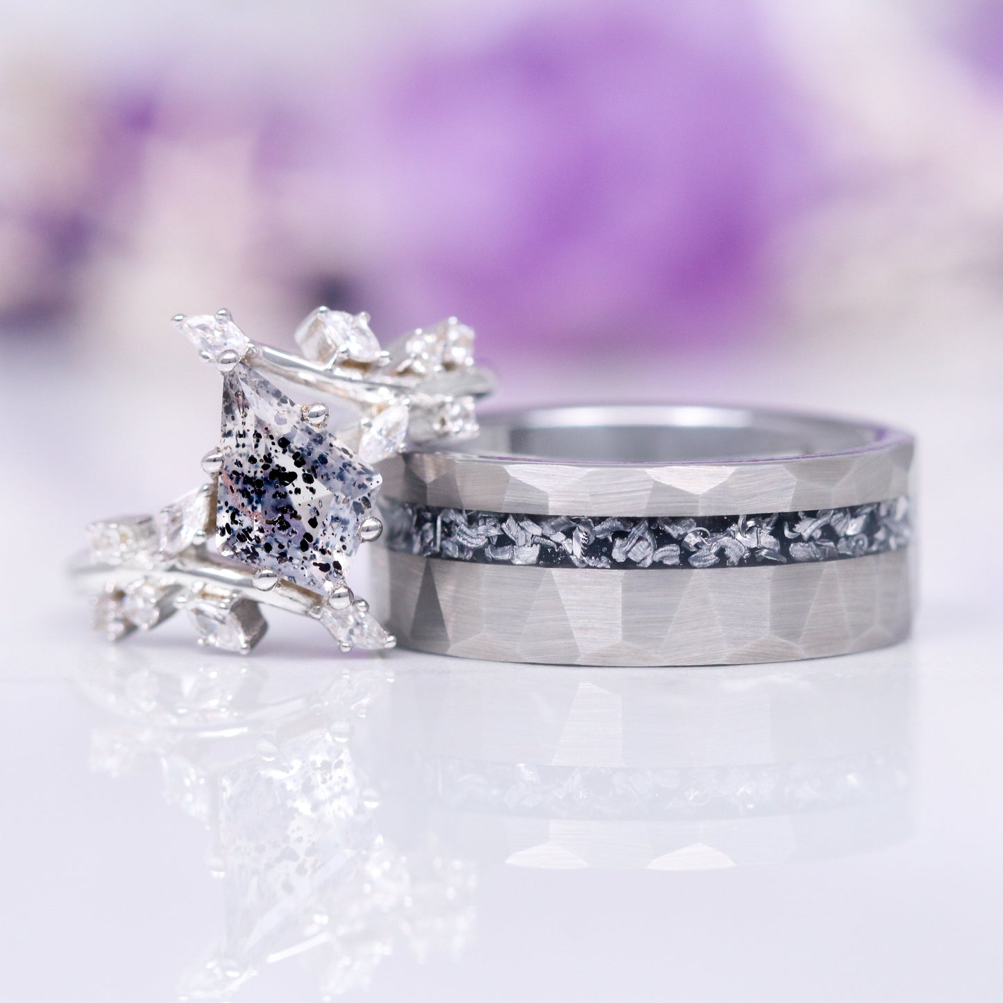 Galaxy Salt and Pepper (Herkimer) Diamond & Meteorite Couples Ring Set
