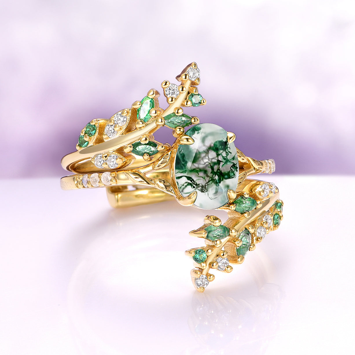 Moss Agate & Emerald Leaf Couples Ring Set