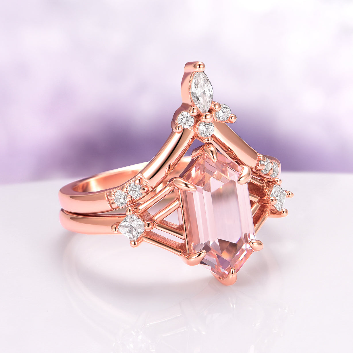 Celtic Hexagon Morganite Couples Ring Set