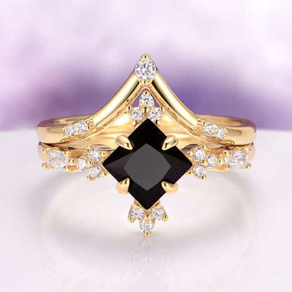 Black Onyx & Meteorite Gold Leaf Couples Ring Set