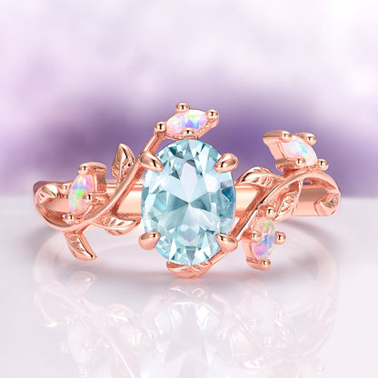 Aquamarine & Fire Opal Leaf Couples Ring Set