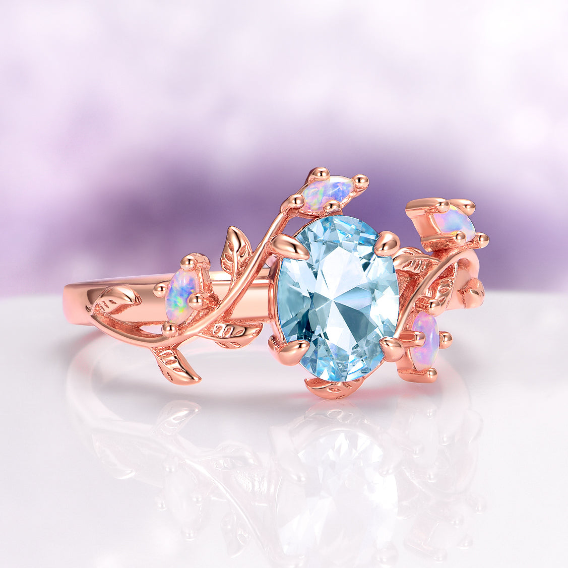Aquamarine & Fire Opal Leaf Couples Ring Set