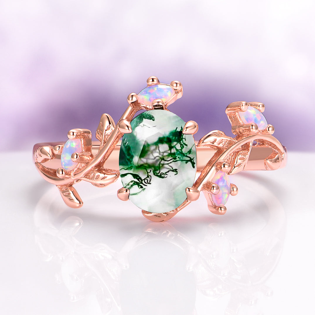 Moss Agate & Fire Opal Leaf Couples Ring Set