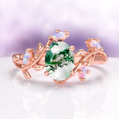 Moss Agate & Fire Opal Leaf Couples Ring Set