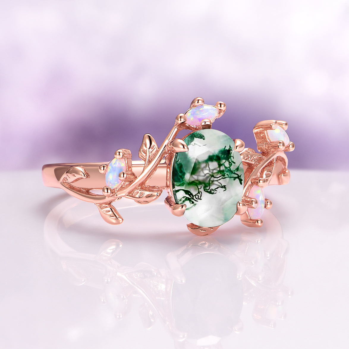 Moss Agate & Fire Opal Leaf Couples Ring Set