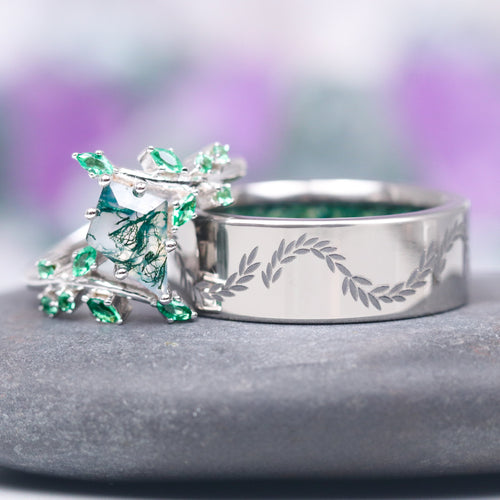 Kite Moss Agate & Emerald Leaf Couples Ring Set