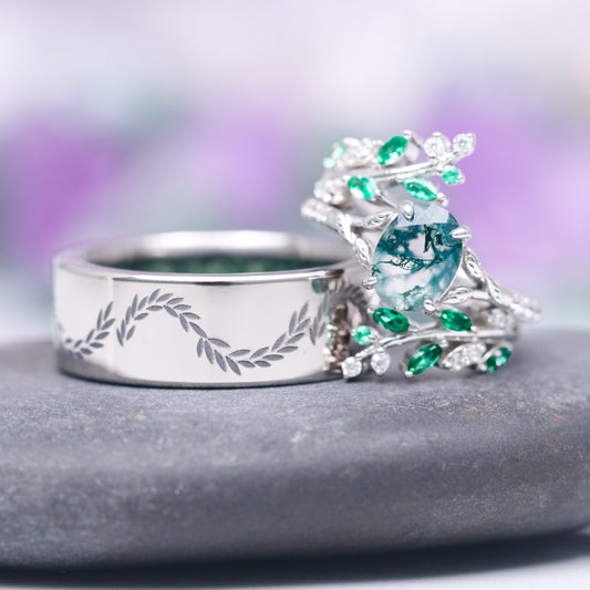 Moss Agate & Emerald Fairy Leaf Couples Ring Set