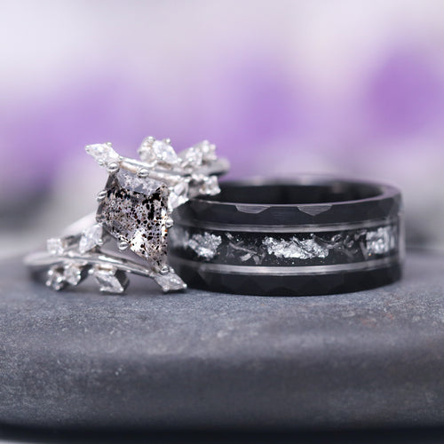 Galaxy Salt and Pepper (Herkimer) Diamond & Meteorite Couples Ring Set
