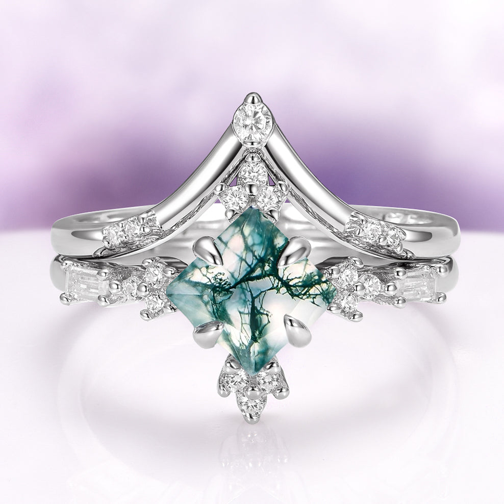 Rustic Moss Agate Couples Ring Set