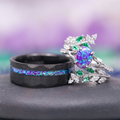 Lavender Fire Opal & Emerald Leaf Couples Ring Set