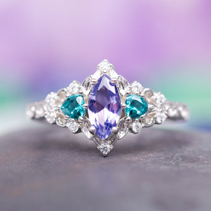 Borealis Tanzanite & Teal Sapphire Couples Ring Set (Mountain Range)
