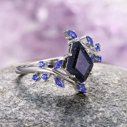 Starry Night and Fire Opal Leaf Couples Ring Set