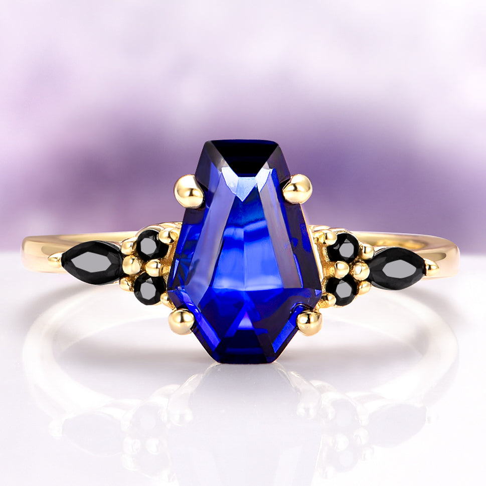 Coffin Cut Blue Sapphire and Gold Leaf Couples Ring Set