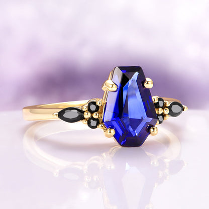 Coffin Cut Blue Sapphire and Gold Leaf Couples Ring Set