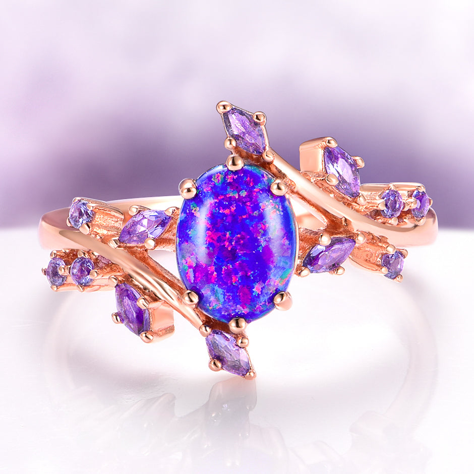 Starry Night Van Gogh Fire Opal & Rose Gold Leaf Couples Ring Set