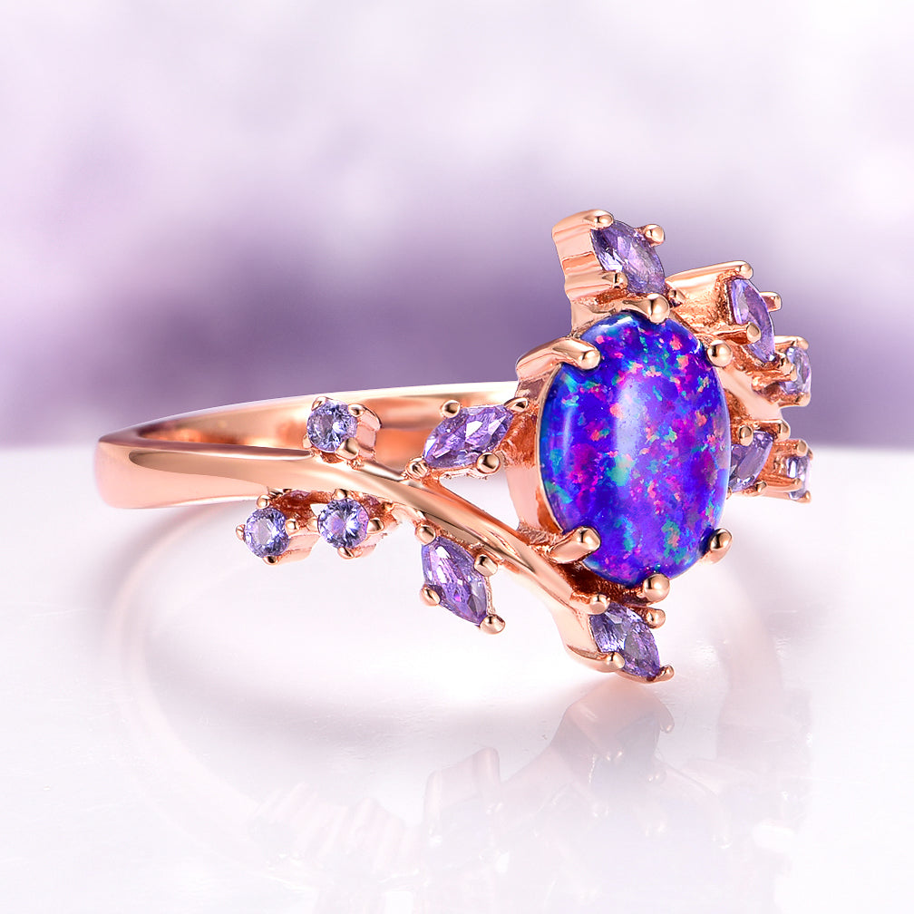 Starry Night Van Gogh Fire Opal & Rose Gold Leaf Couples Ring Set