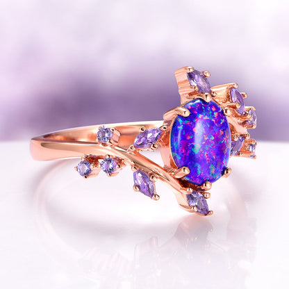 Starry Night Van Gogh Fire Opal & Rose Gold Leaf Couples Ring Set