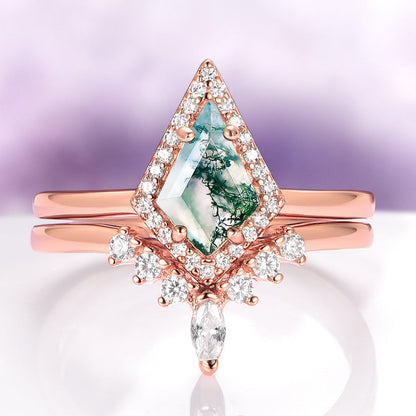 Mountain Range Green Moss Agate Couples Ring Set
