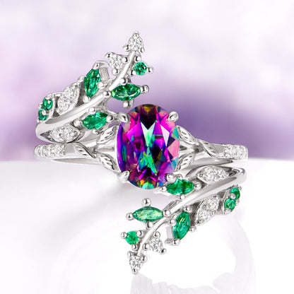 Mystic Topaz & Galaxy Opal Leaf Couples Ring Set
