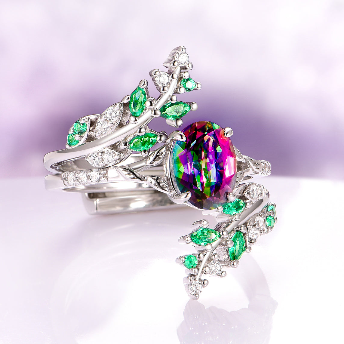 Mystic Topaz & Galaxy Opal Leaf Couples Ring Set