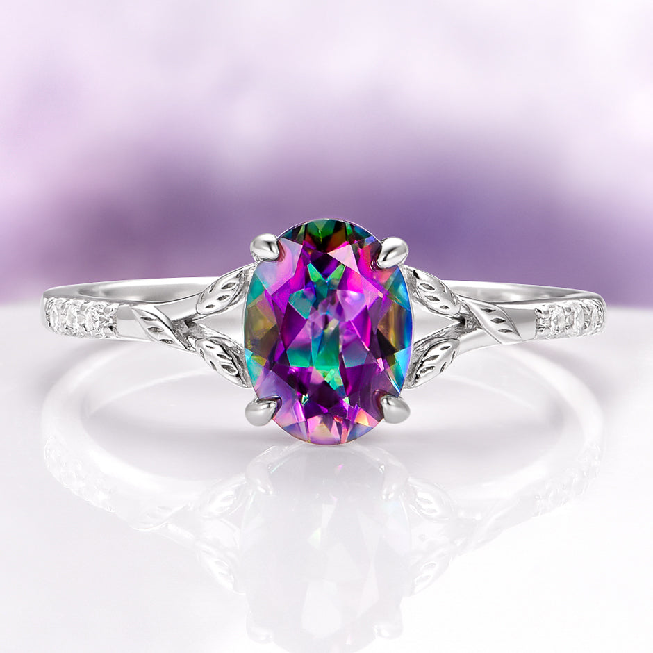 Mystic Topaz & Galaxy Opal Leaf Couples Ring Set