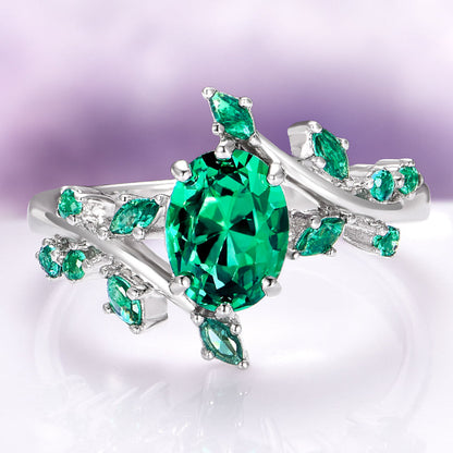 Oval Cut Emerald Leaf Couples Ring Set